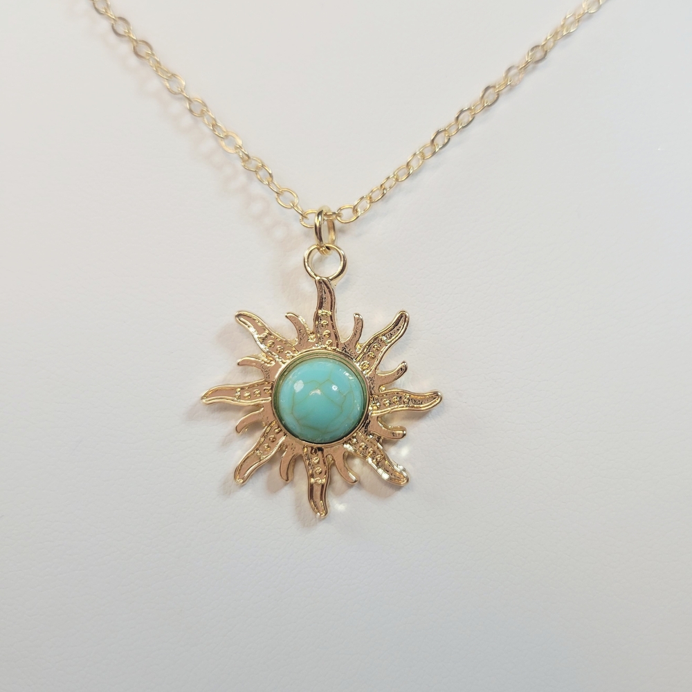 Gold And Turquoise Sun Pendant Necklace